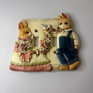 Vintage Takahashi Ceramic 3D Double Wall Light Plate Boy & Girl Bunny Flowers
